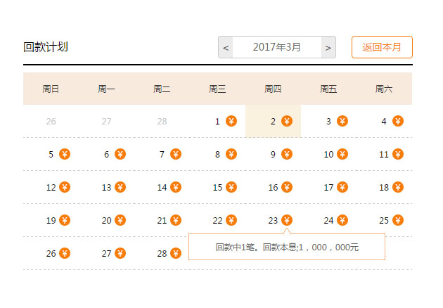 jQuery响应式回款计划日历表