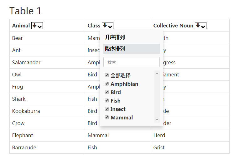jQuery仿Excel表格排序筛选